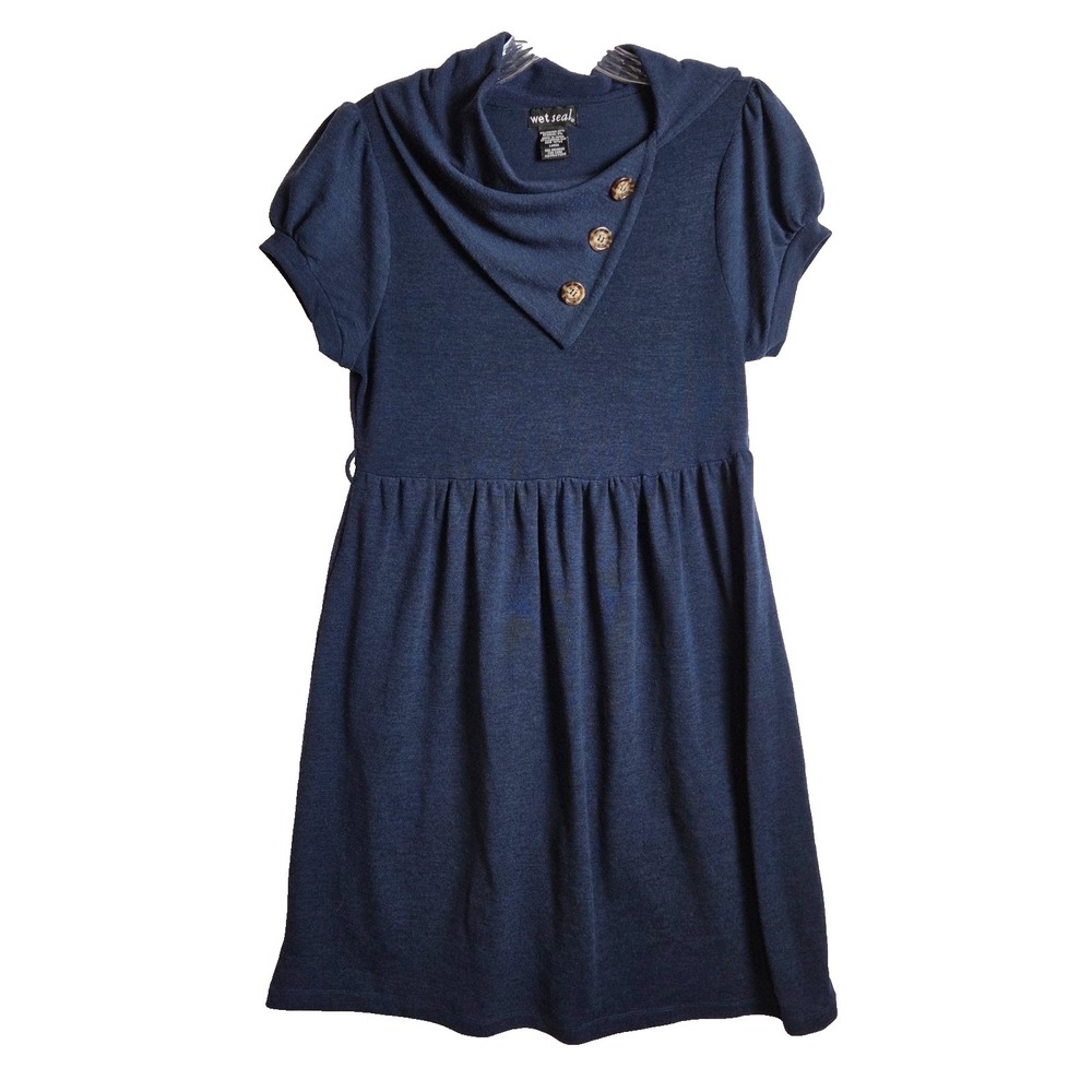 Y2K Wet Seal Knit Navy Mini Dress Cowl Neck Puff Sleeve Twee Indie Sleaze 2000's